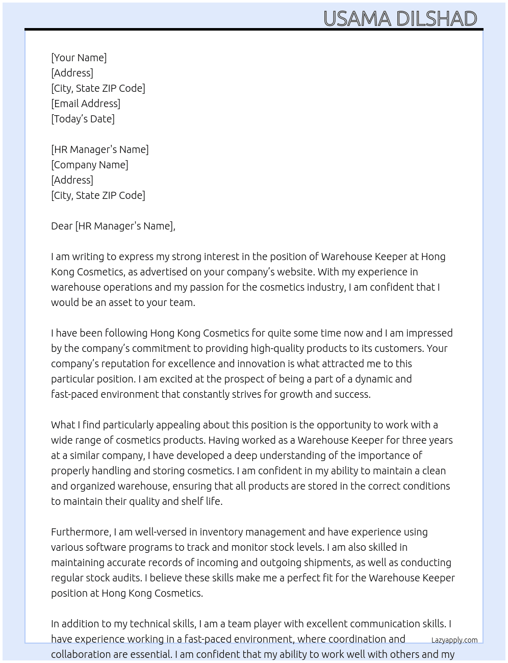 Warehouse keeper At Hong Kong Cosmetics  Cover Letter