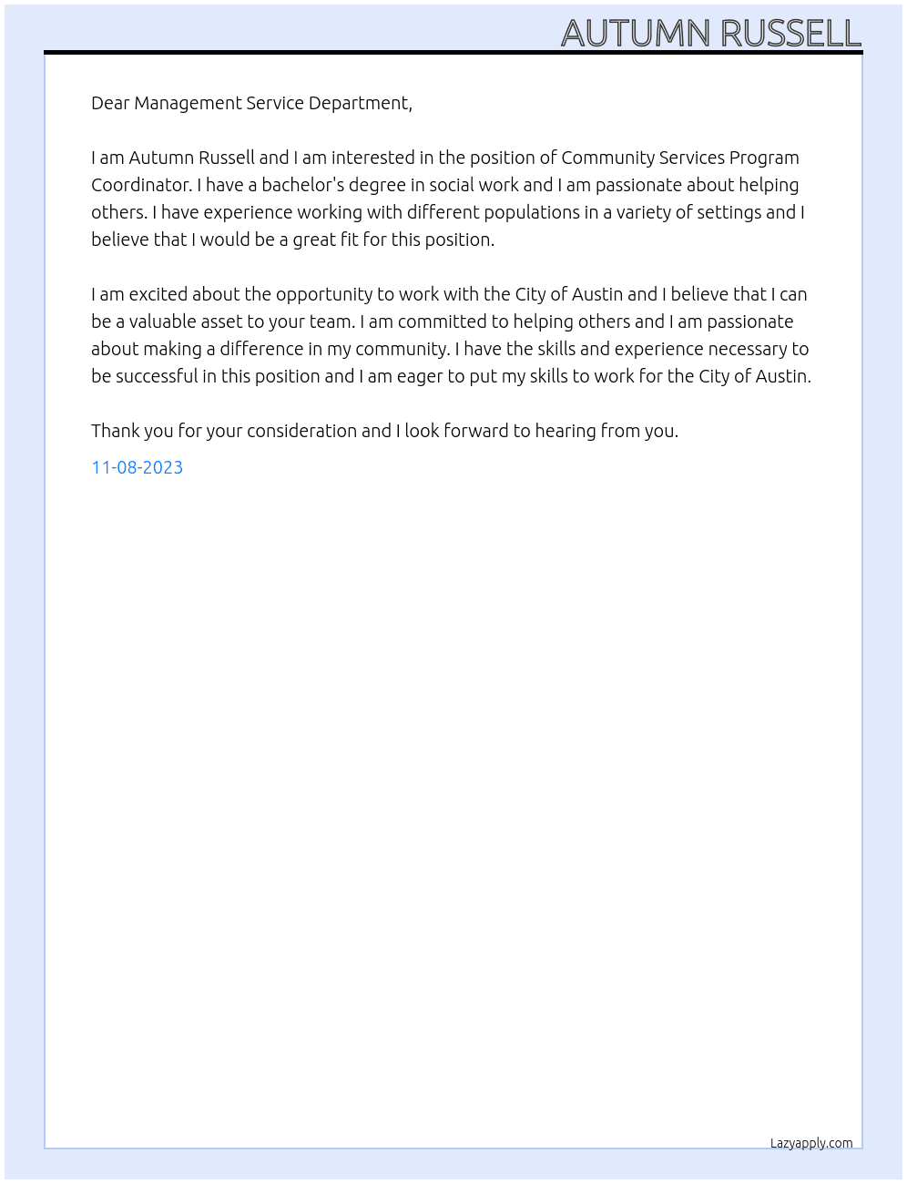 Community Services Program Coordinator At City of Austin Cover Letter