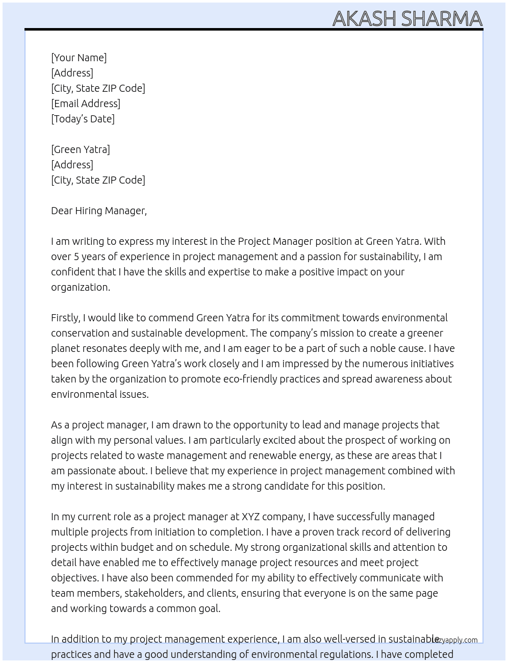 Project manager At Green yatra Cover Letter