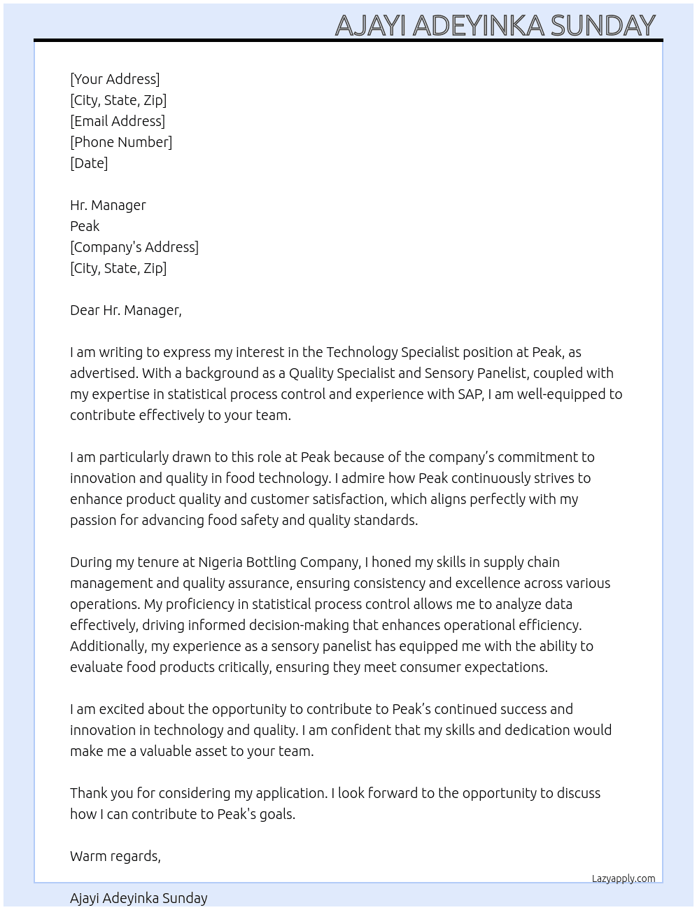 Cover letter for technology specialist - LazyApply