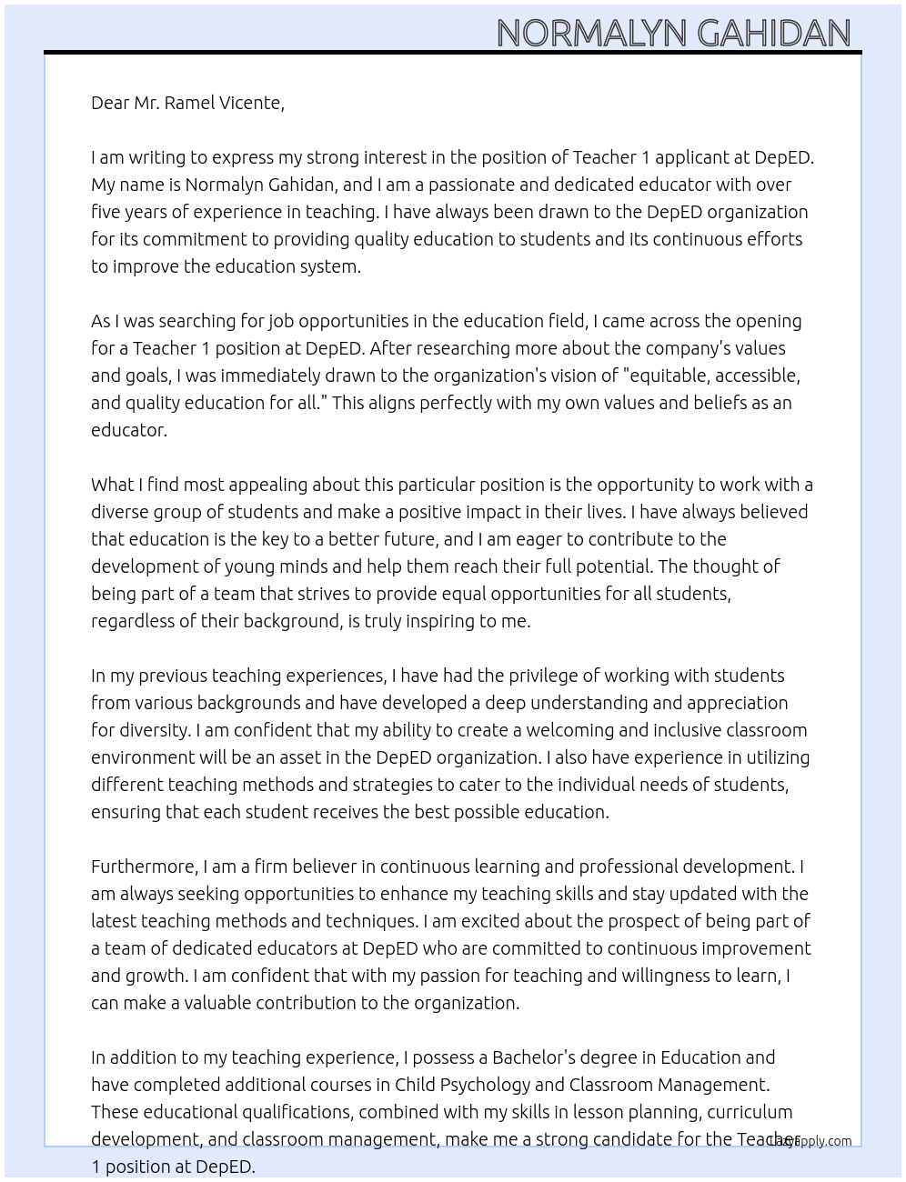 teacher 1 applicant At DepED Cover Letter