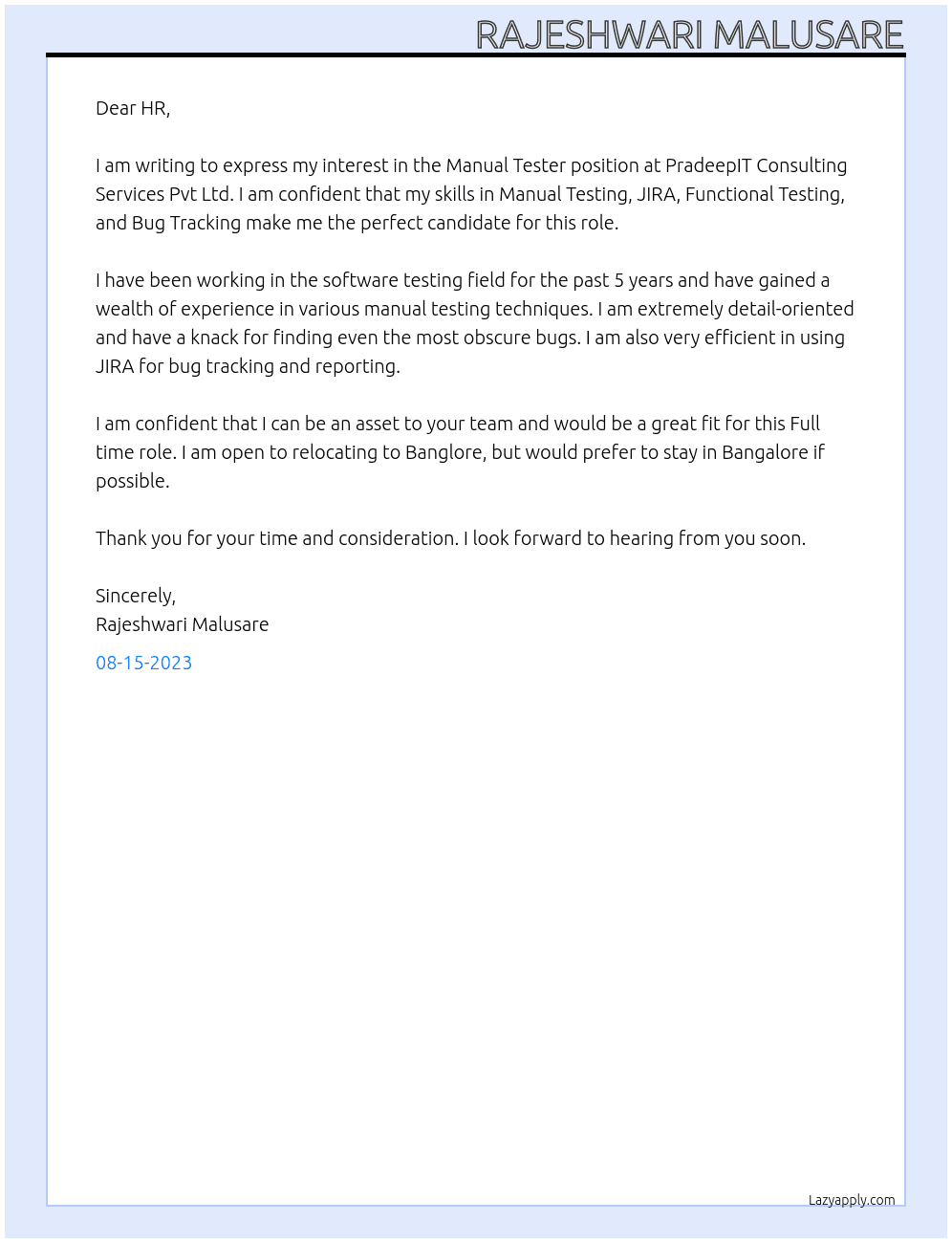 Manual Tester At PradeepIT Consulting Services Pvt Ltd. Cover Letter