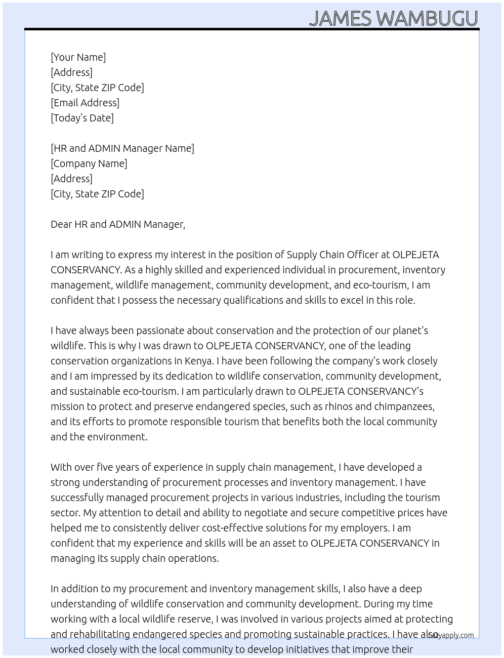 SUPPLY CHAIN OFFICER At OLPEJETA CONSERVANCY Cover Letter
