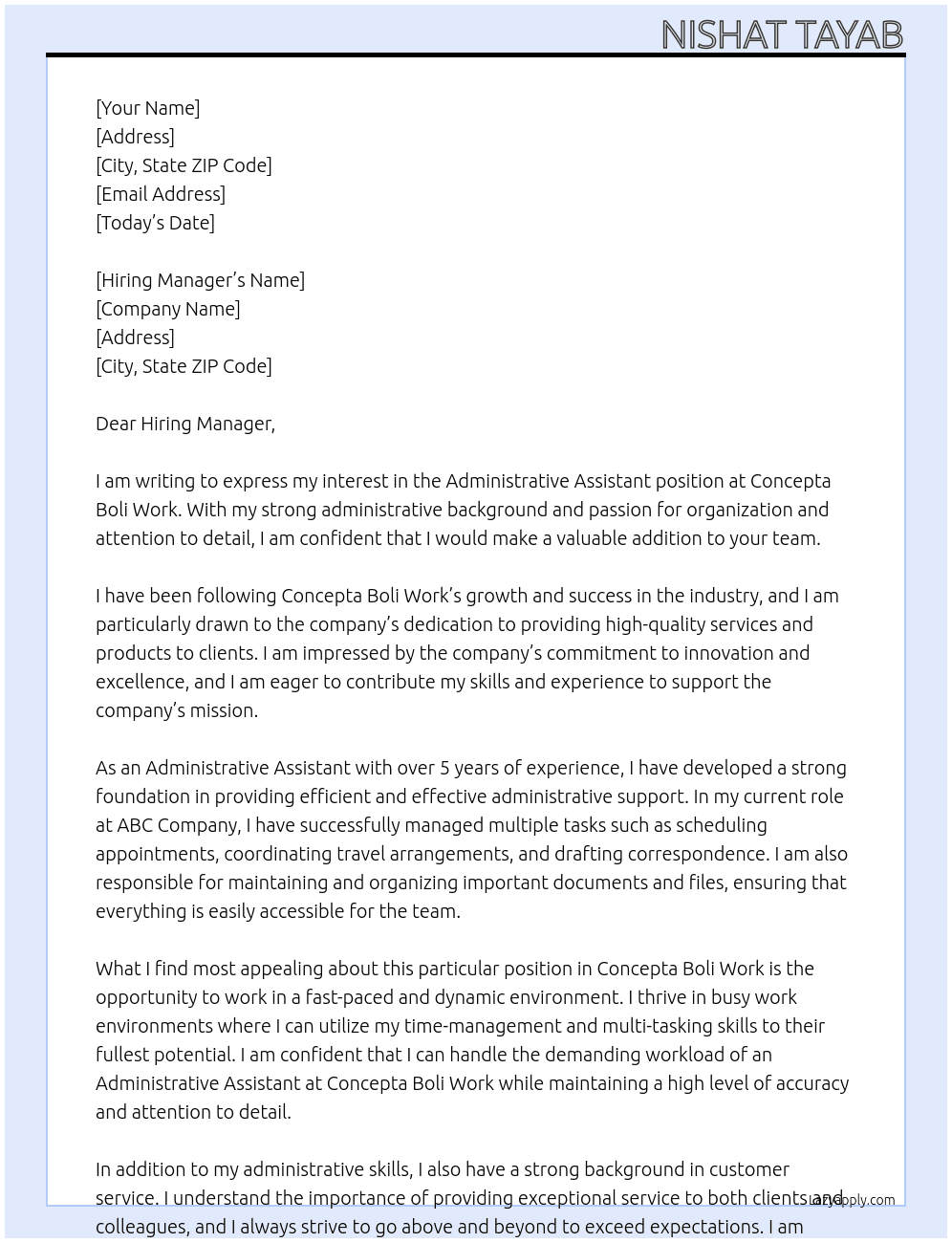 Administrative Assistant At Concepta Boli Work Cover Letter