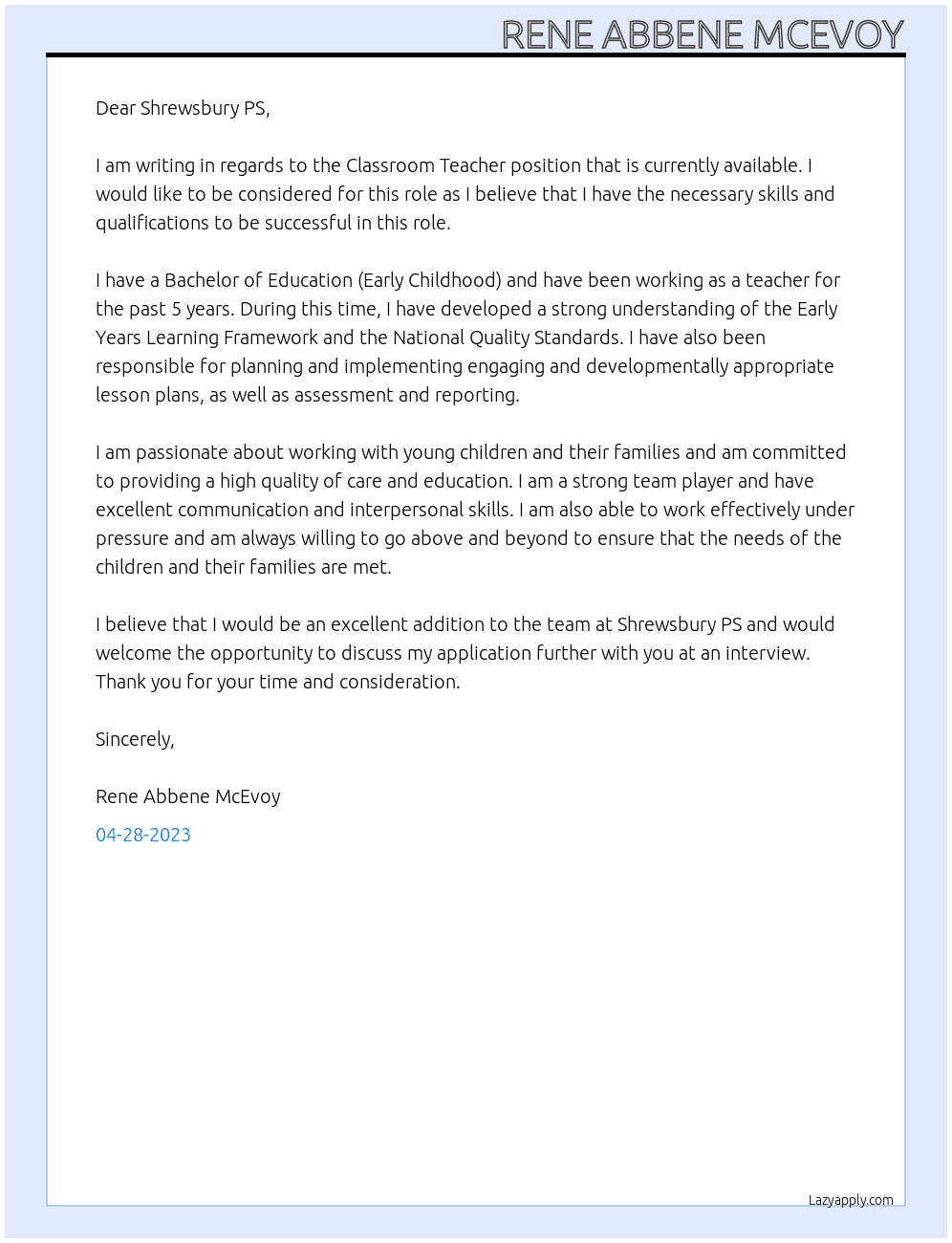 Classroom teacher At Shrewsbury PS Cover Letter