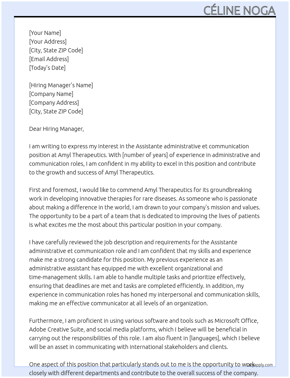 Assistante administrative et communication At Amyl Therapeutics Cover Letter