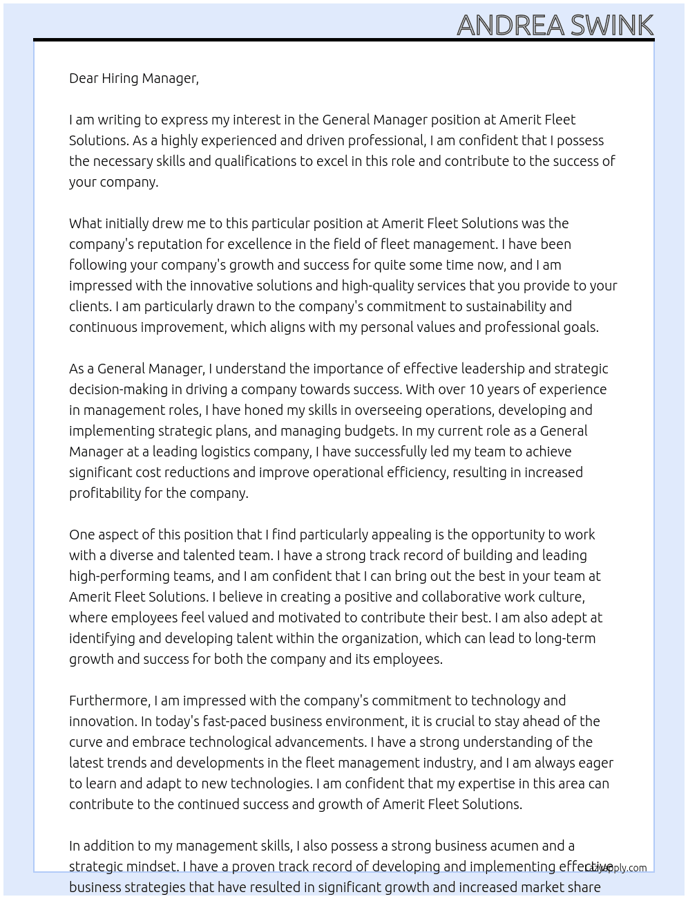 General Manager At Amerit Fleet Solutions Cover Letter