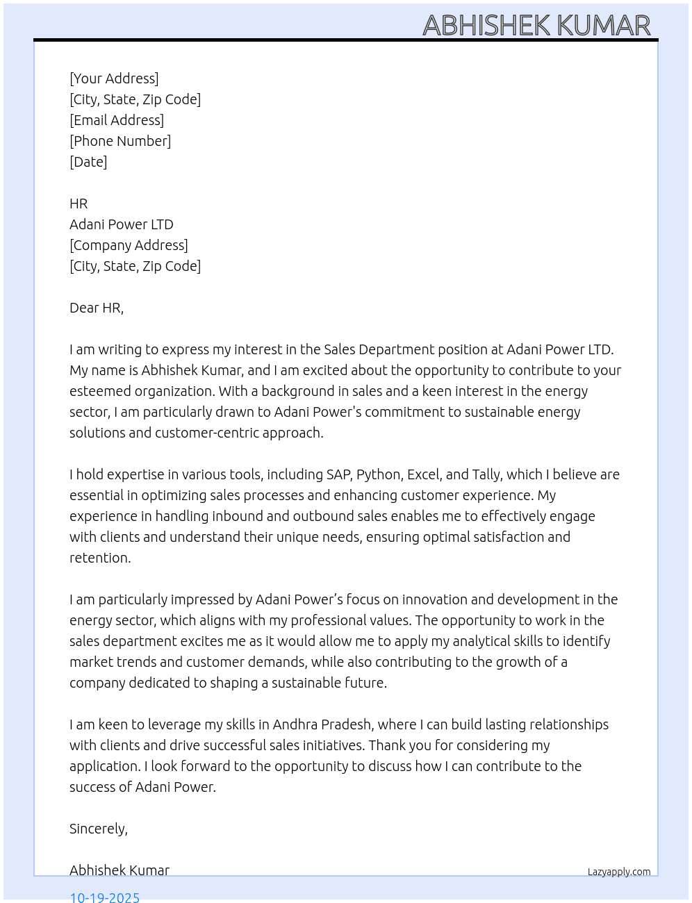 Sale dipartment, or engineer, or quality  At Adani power LTD Cover Letter