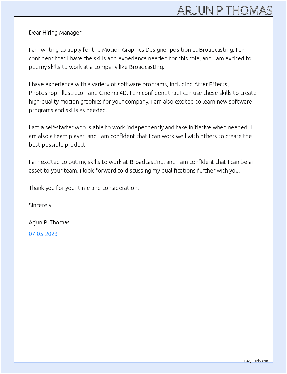 Motion  Graphics Designer At Broadcasting Cover Letter