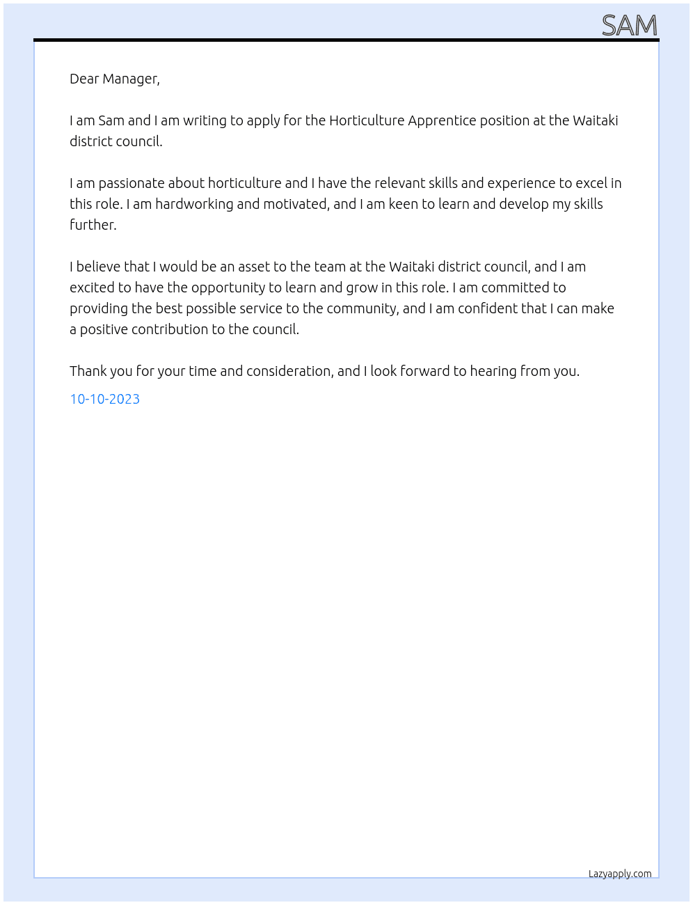 Horticulture Apprentice At Waitaki district council Cover Letter