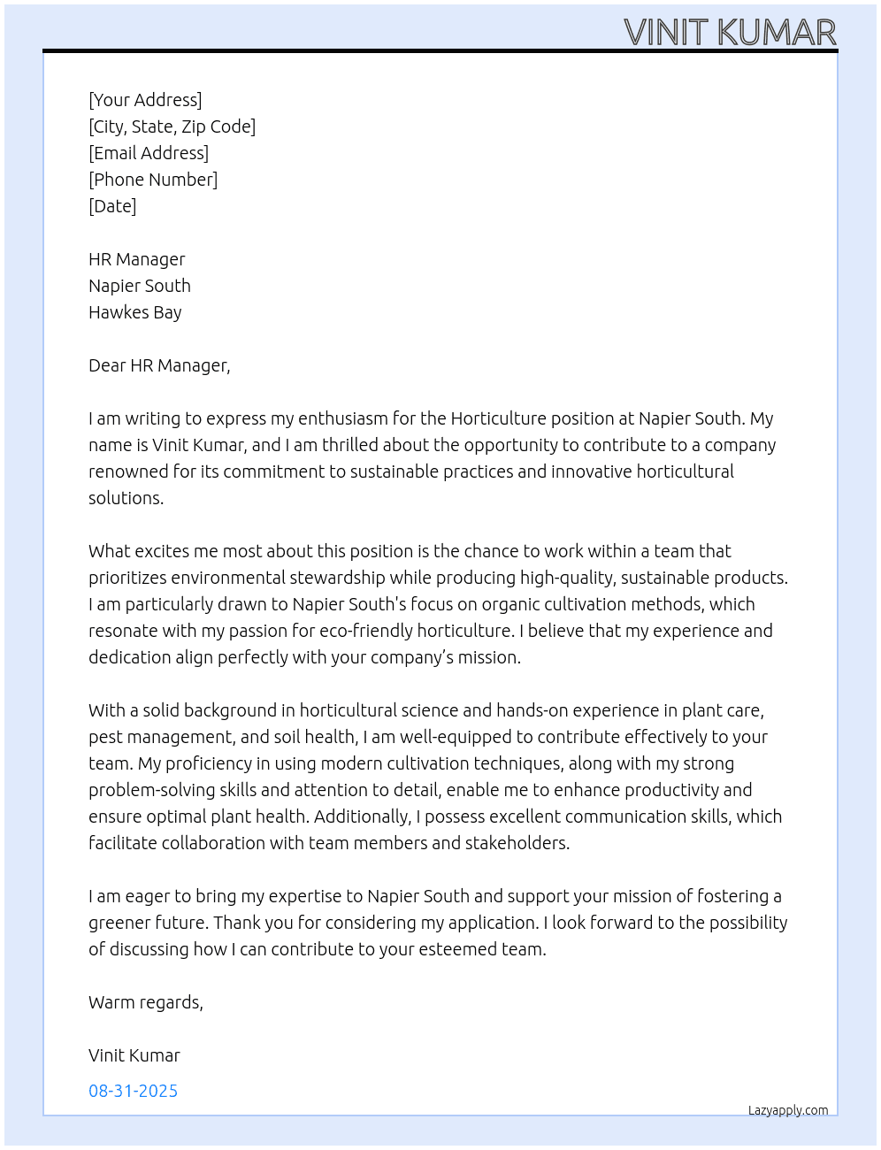 Cover letter for horticulture - LazyApply