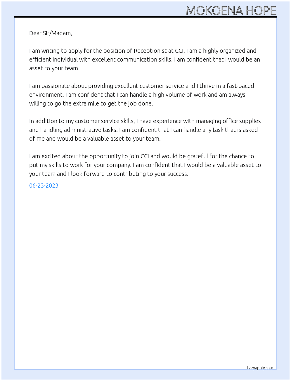 Receptionist  At CCI Cover Letter