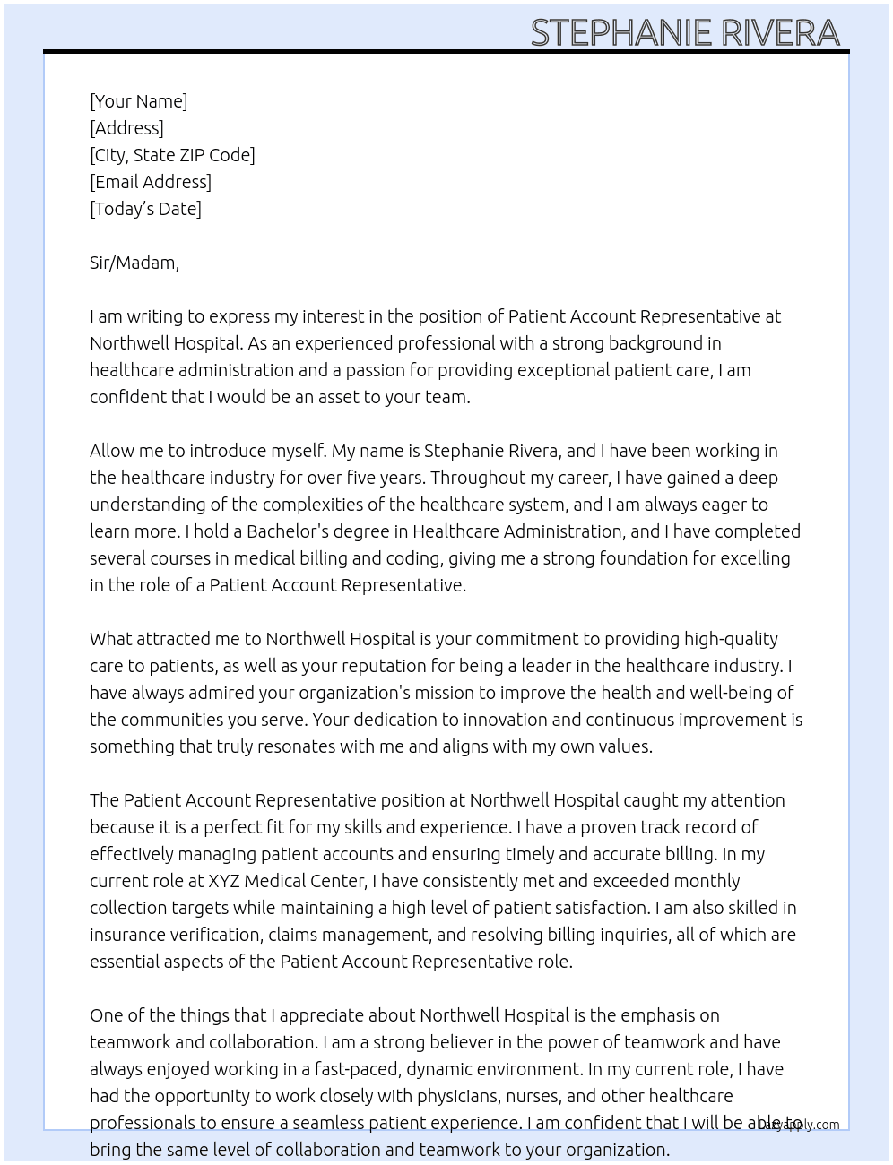 patient account representative  At Northwell Hospital  Cover Letter
