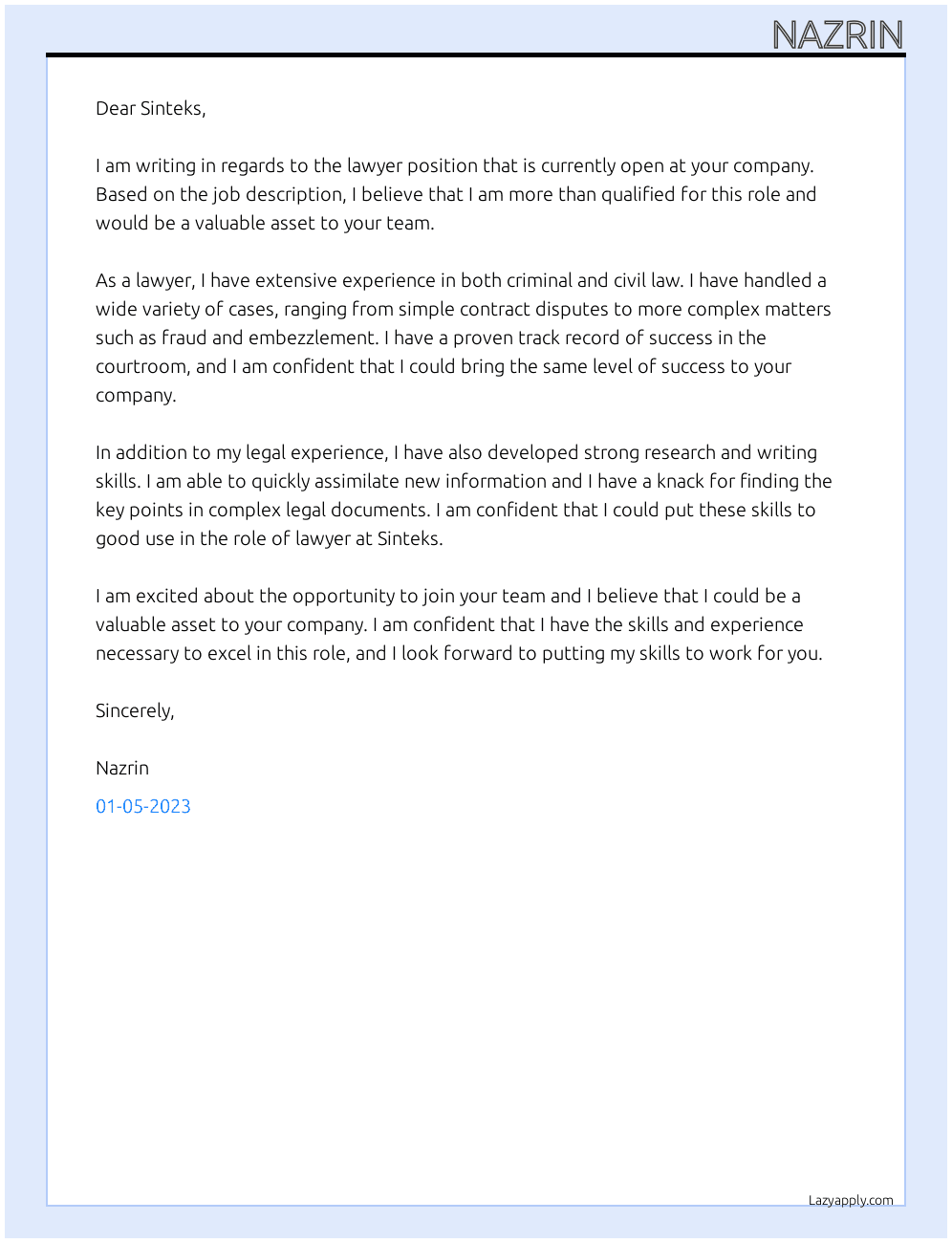 Lawyer At Sinteks Cover Letter