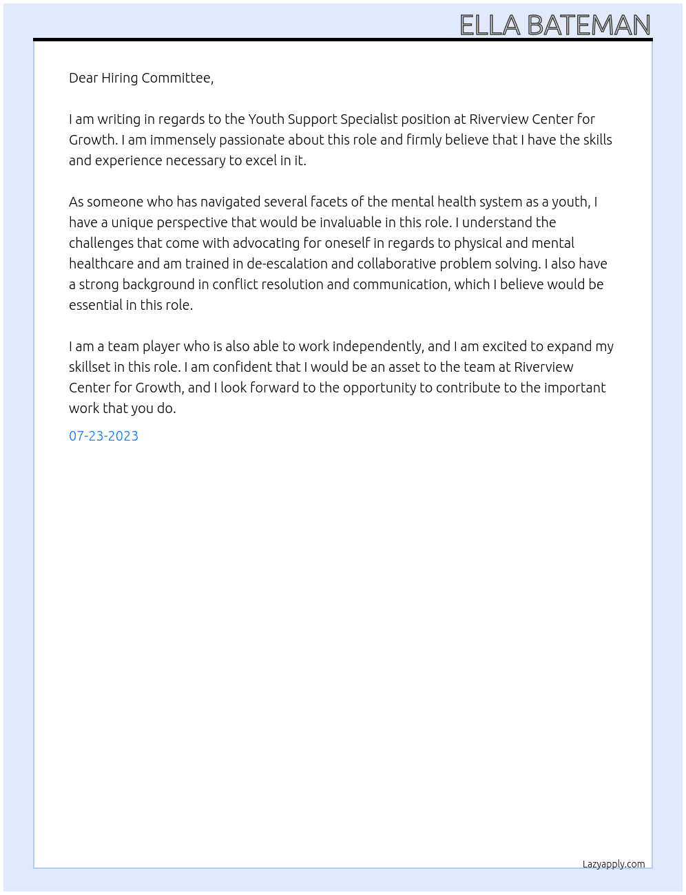 Youth Support Specialist At Riverview Center for  Growth Cover Letter
