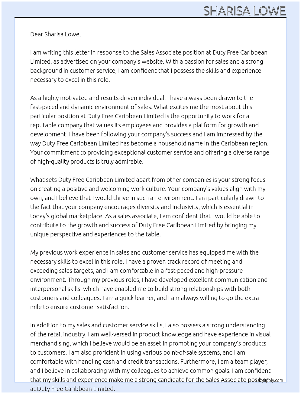 Sales Associate At Duty Free Caribbean Limited Cover Letter