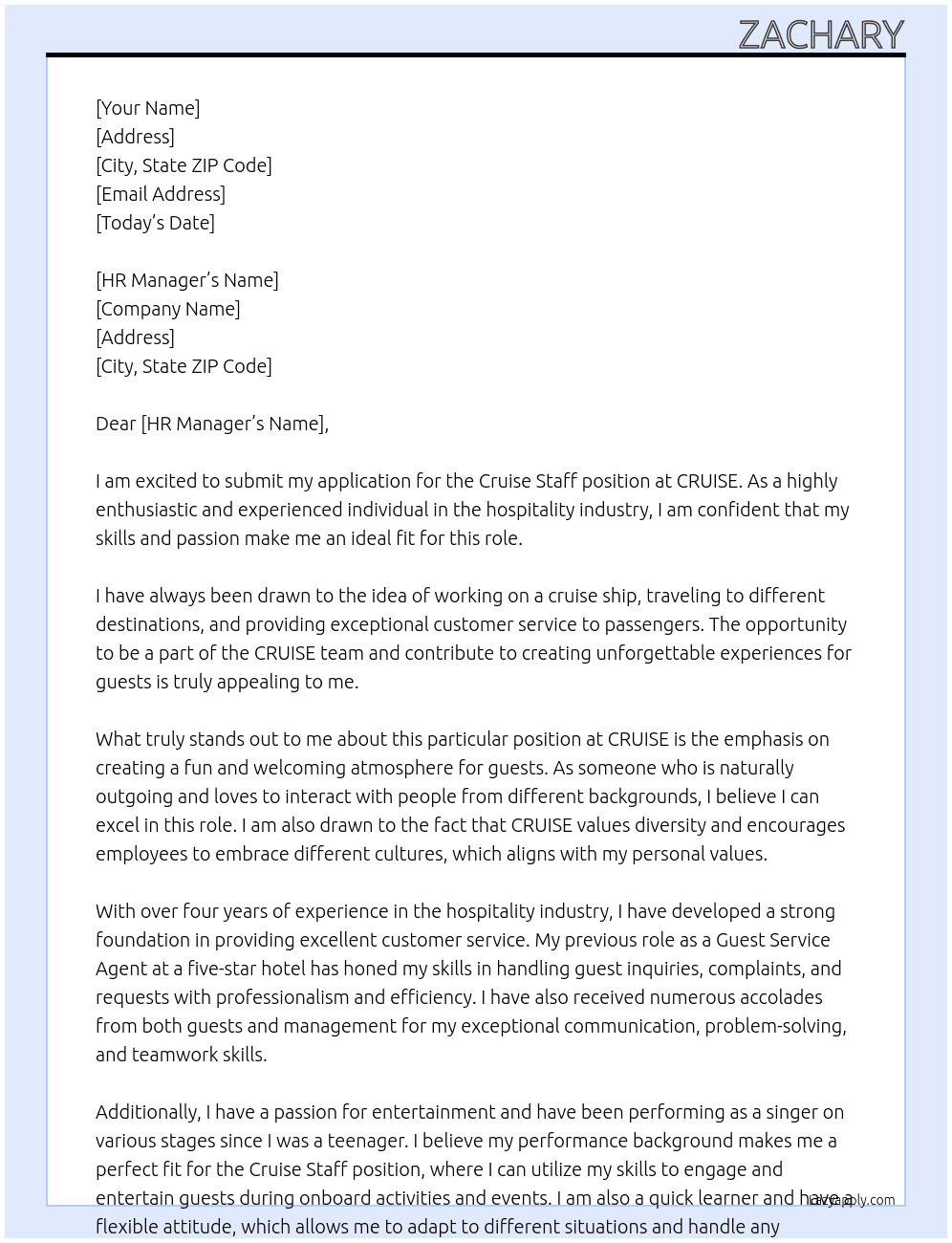 CRUISE STAFF At CRUISE Cover Letter