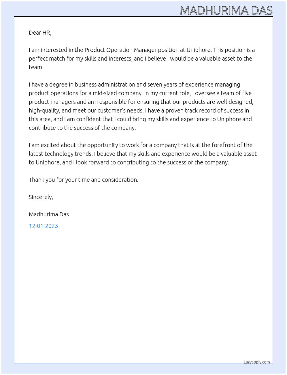 Product Operation Manager At Uniphore Cover Letter