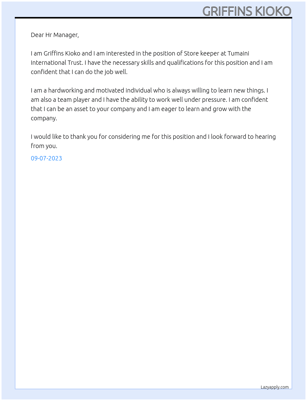 Store keeper At Tumaini International Trust Cover Letter