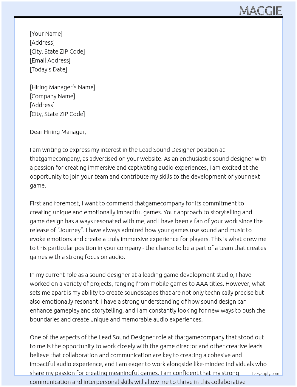 Lead Sound Designer At thatgamecompany Cover Letter