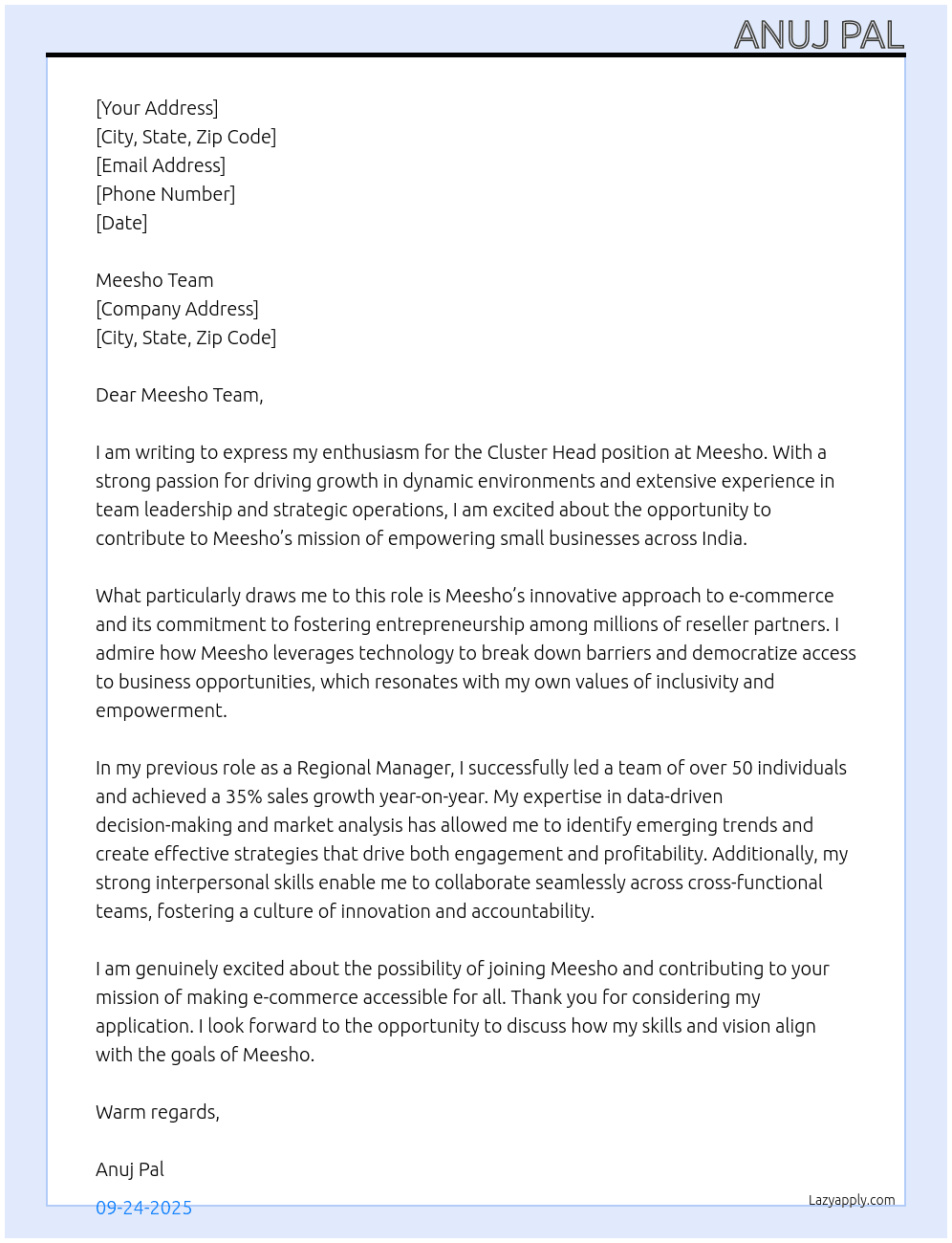 Cluster head  At Meesho  Cover Letter