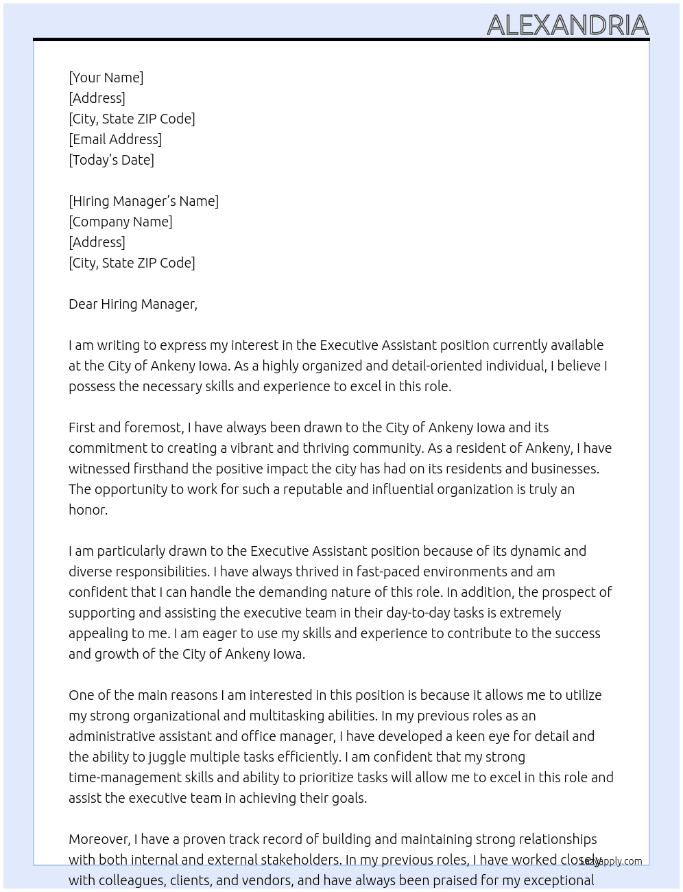Executive Assistant At City of Ankeny Iowa Cover Letter