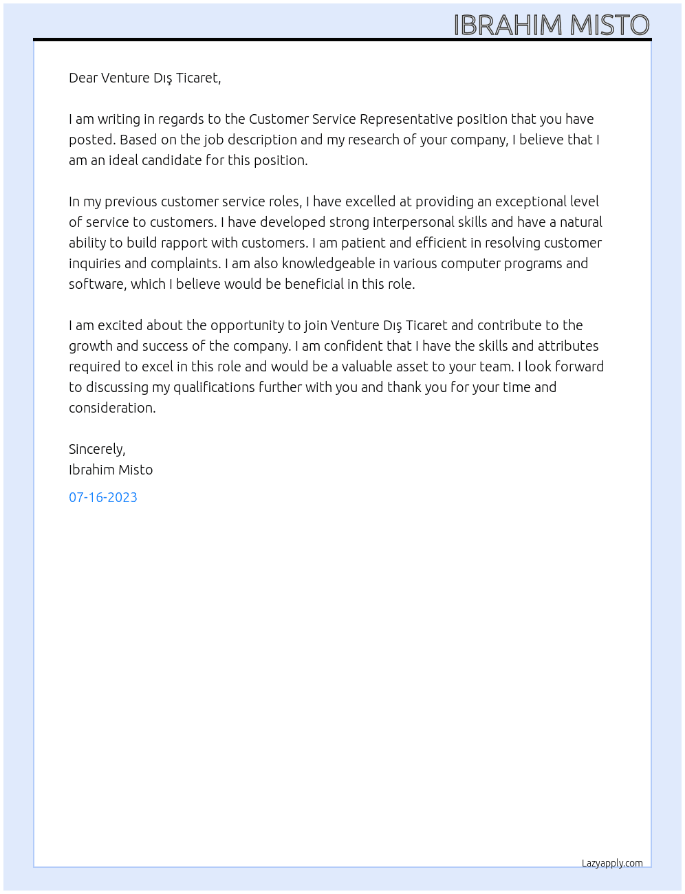 Customer Service Representative At Venture Dış Ticaret Cover Letter