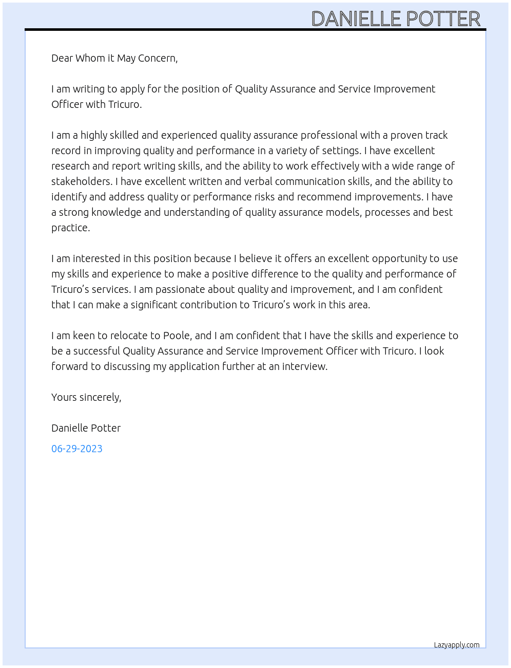 Quality Assurance and Service Improvement Officer At Tricuro Cover Letter