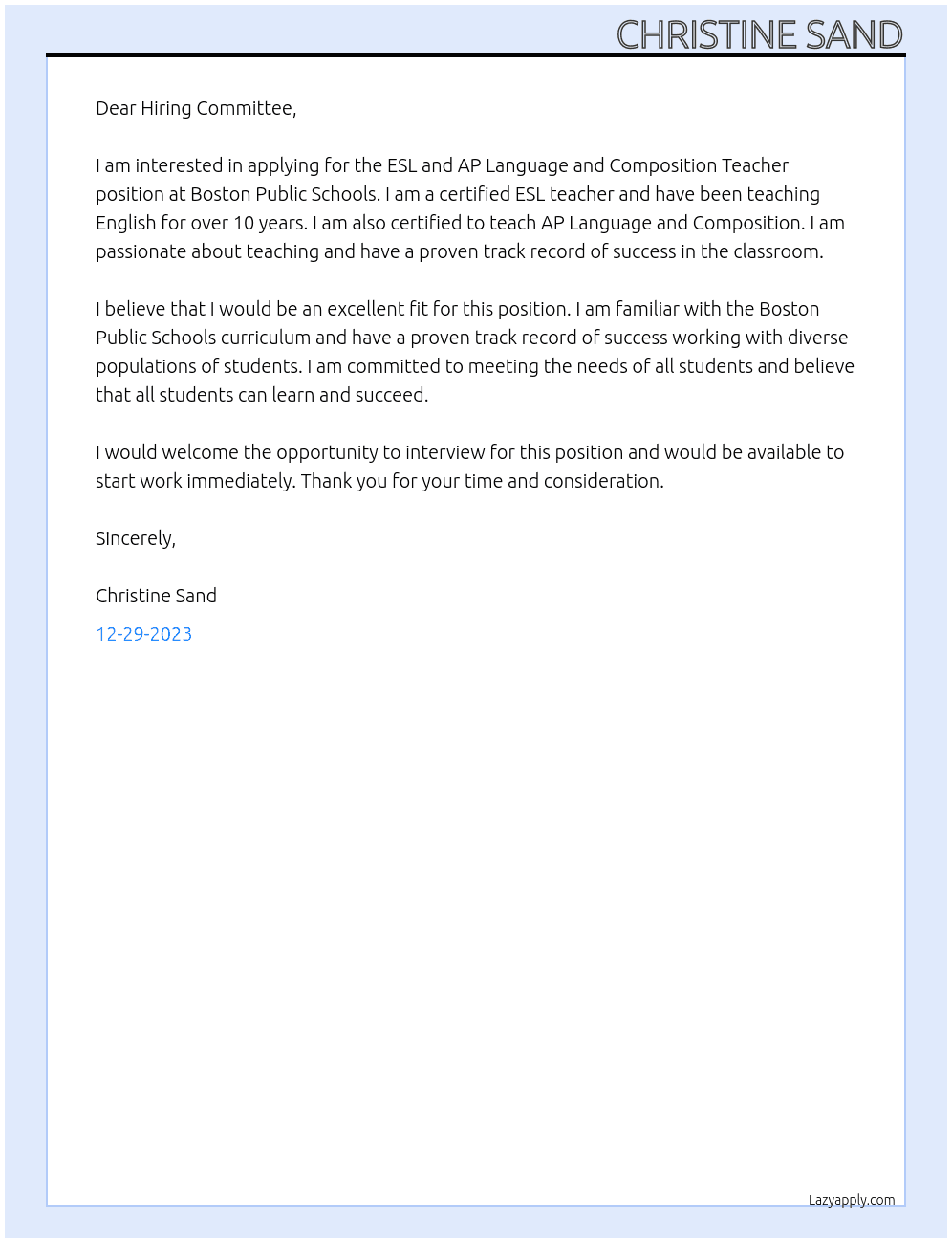 ESL and AP Language and Composition Teacher At Boston Public Schools Cover Letter