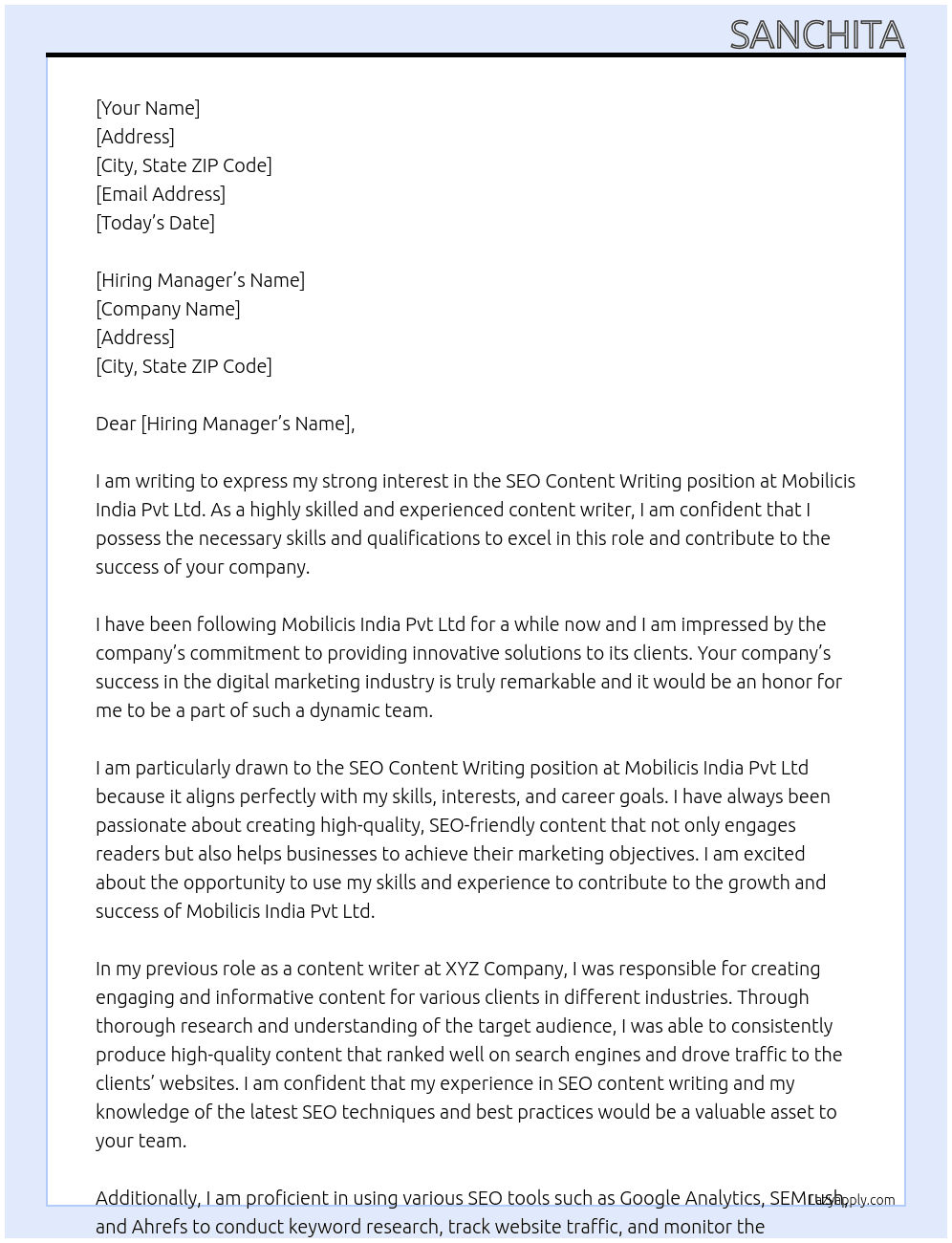 SEO content writing  At Mobilicis India pvt Ltd  Cover Letter