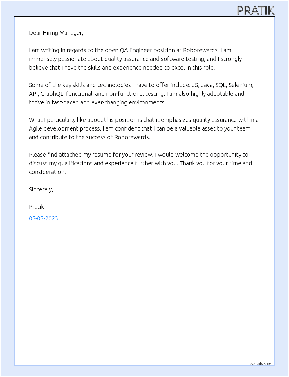 QA Engineer  At Roborewards Cover Letter
