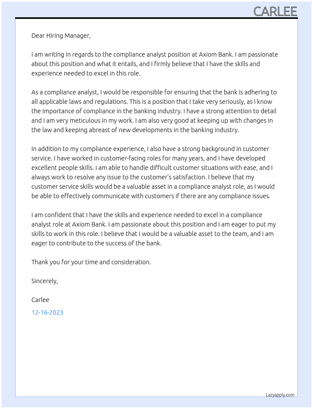 compliance analyst At Axiom Bank Cover Letter