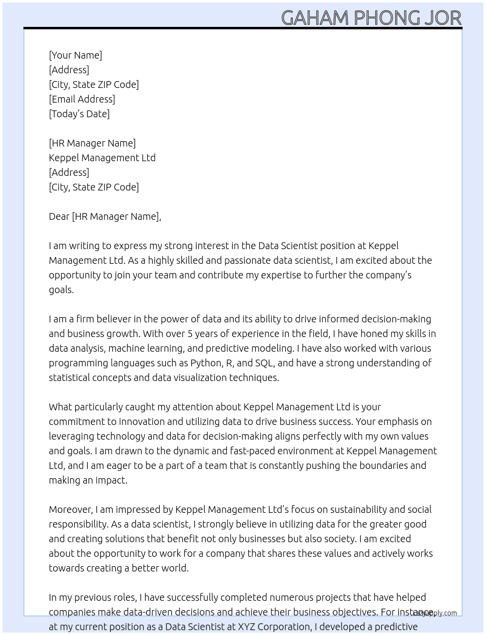 Data Scientist At Keppel Management Ltd Cover Letter