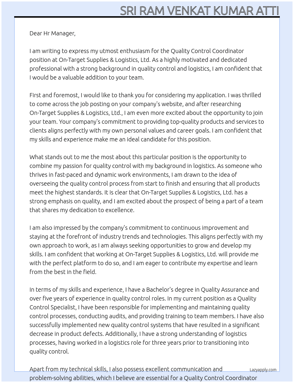 Quality Control Coordinator At On-Target Supplies & Logistics, Ltd. Cover Letter