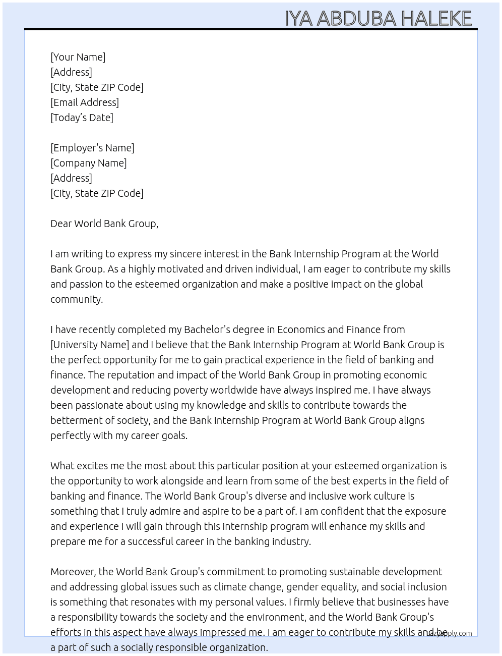 Cover letter for bank internship  program - LazyApply