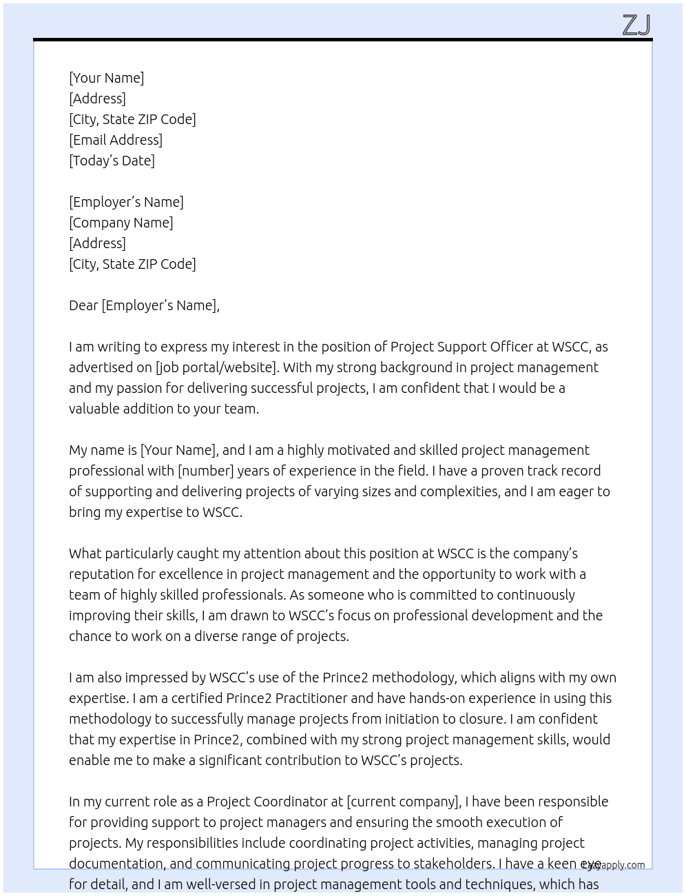 Project Support Officer At WSCC Cover Letter