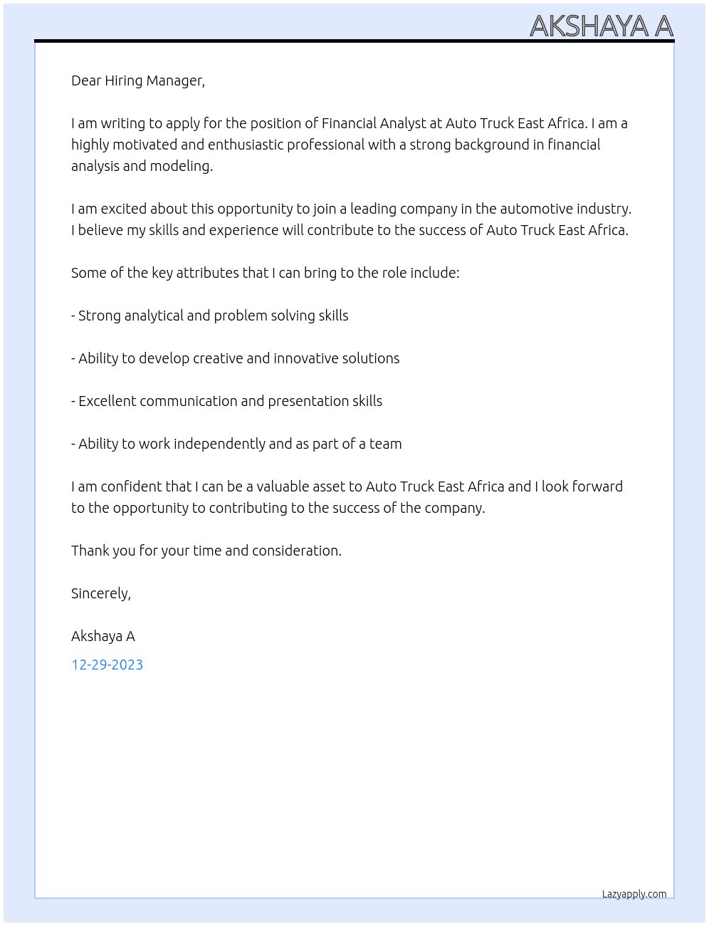 Financial analysts At Auto Truck - East africa Cover Letter