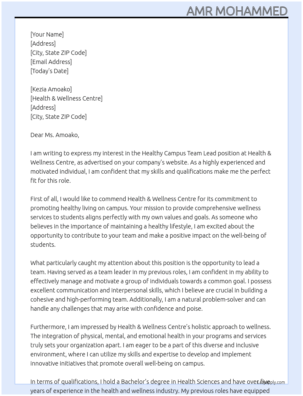 Healthy Campus Team Lead At Health & Wellness Centre Cover Letter