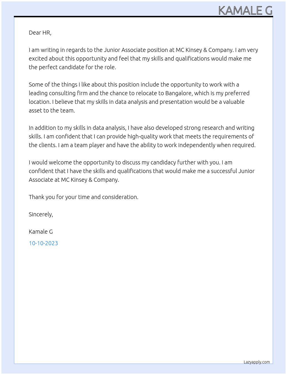 junior associate At MC Kinsey & Company Cover Letter