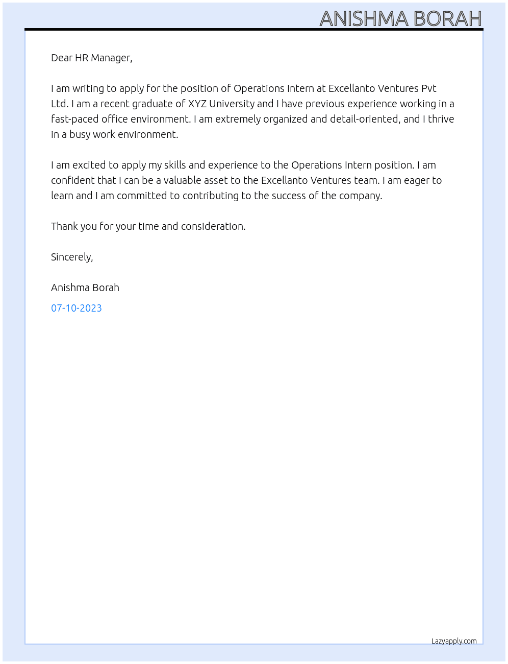 Operations Intern At Excellanto Ventures Pvt Ltd Cover Letter