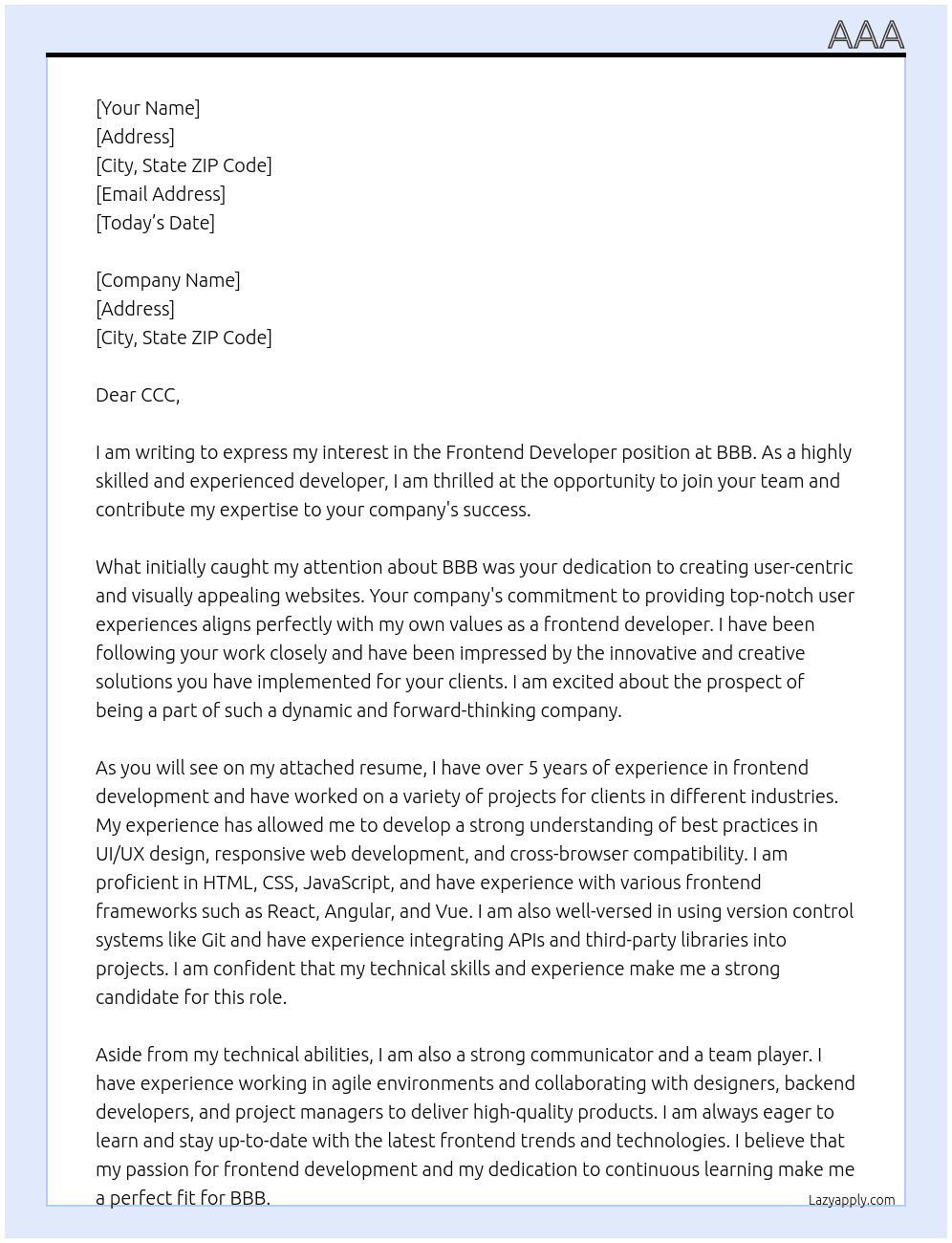 Frontend Developer At BBB Cover Letter