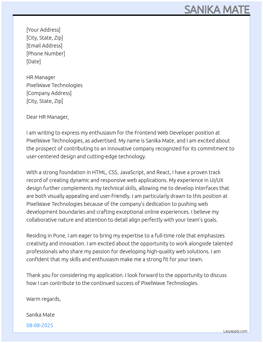 Frontend Web Developer At pixelWave Technologies Cover Letter