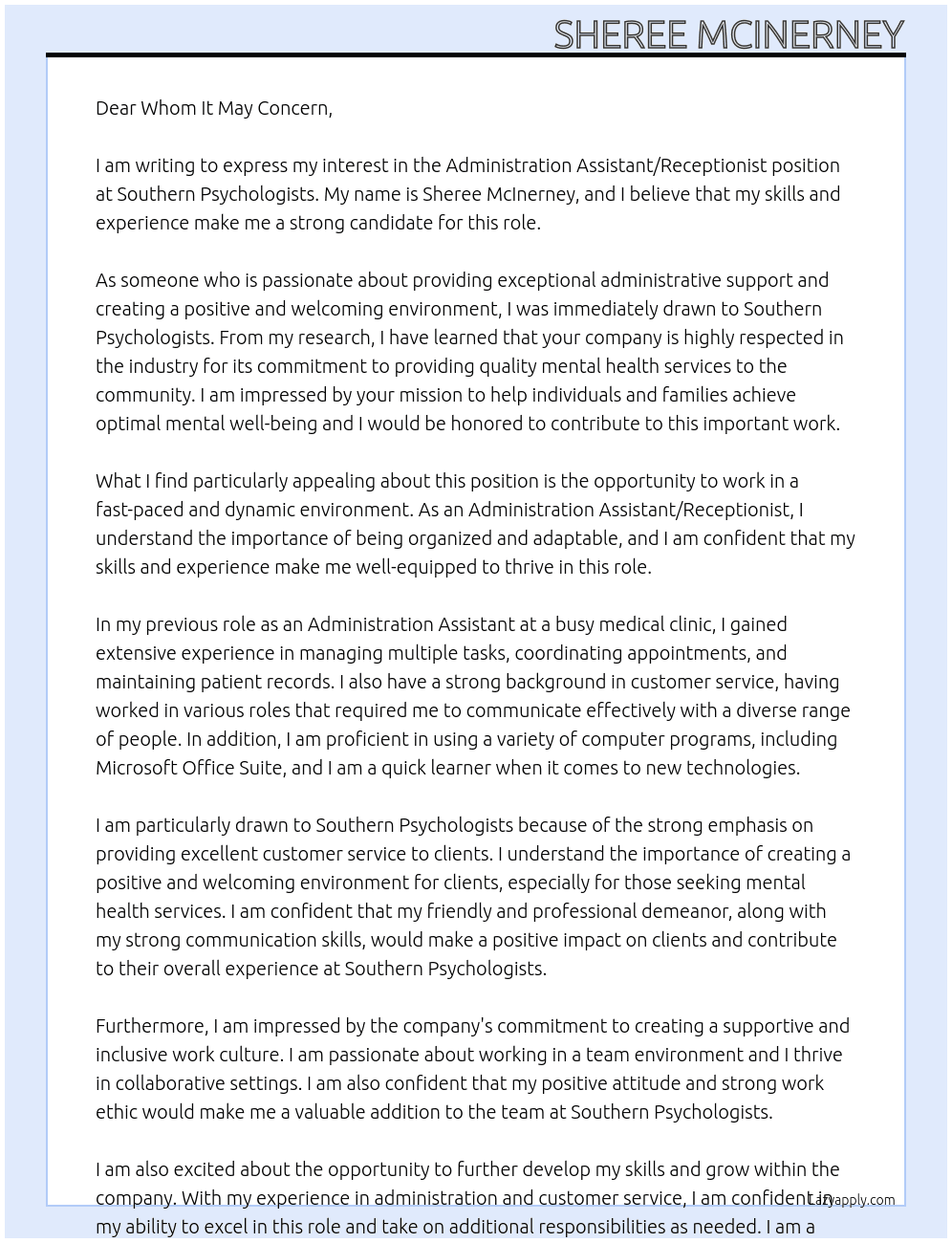 Administration Assistant/Receptionist At Southern Psychologists Cover Letter