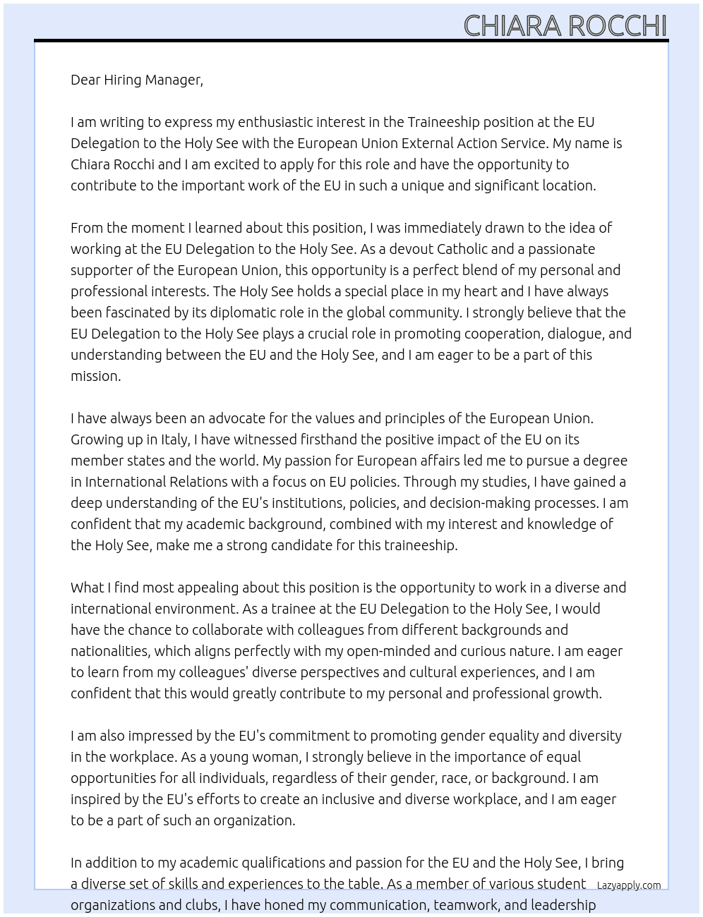 Traineeship at the EU delegation to the Holy See At European Union External Action Service Cover Letter