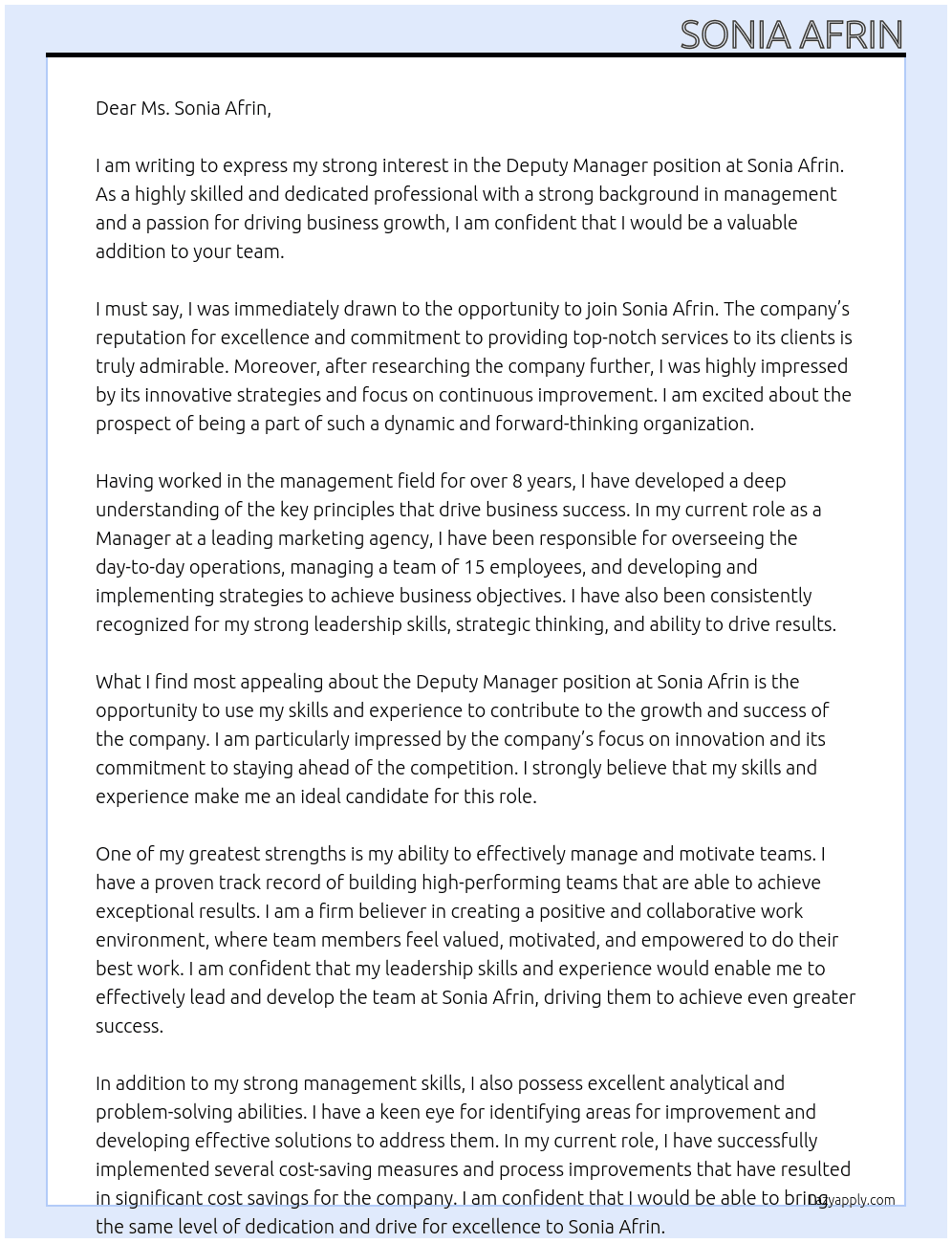 deputy Manager At Sonia Afrin Cover Letter