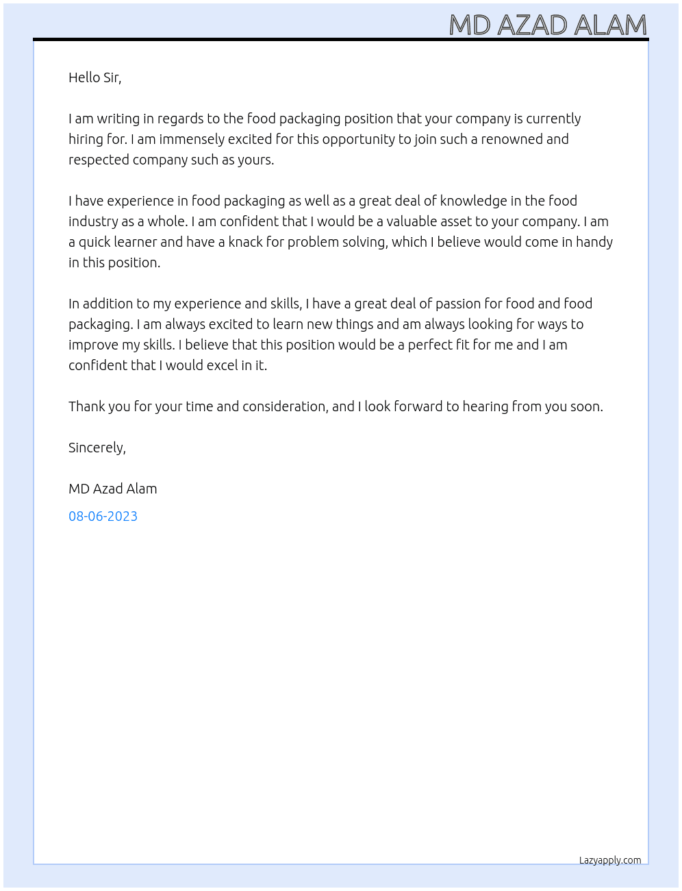 Food packaging  At Food packaging  Cover Letter