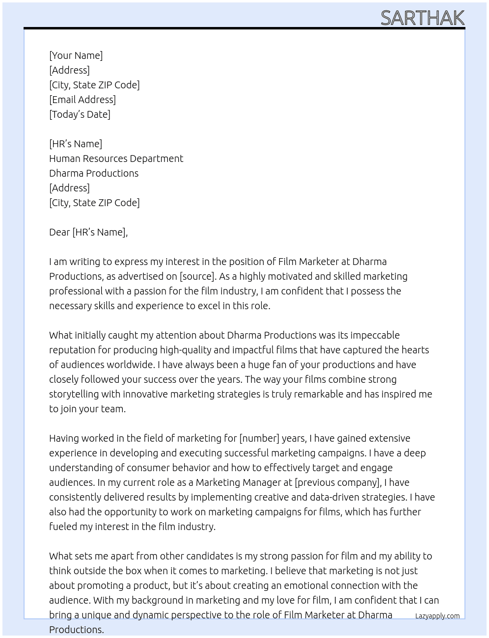 Film marketer At Dharma Productions Cover Letter