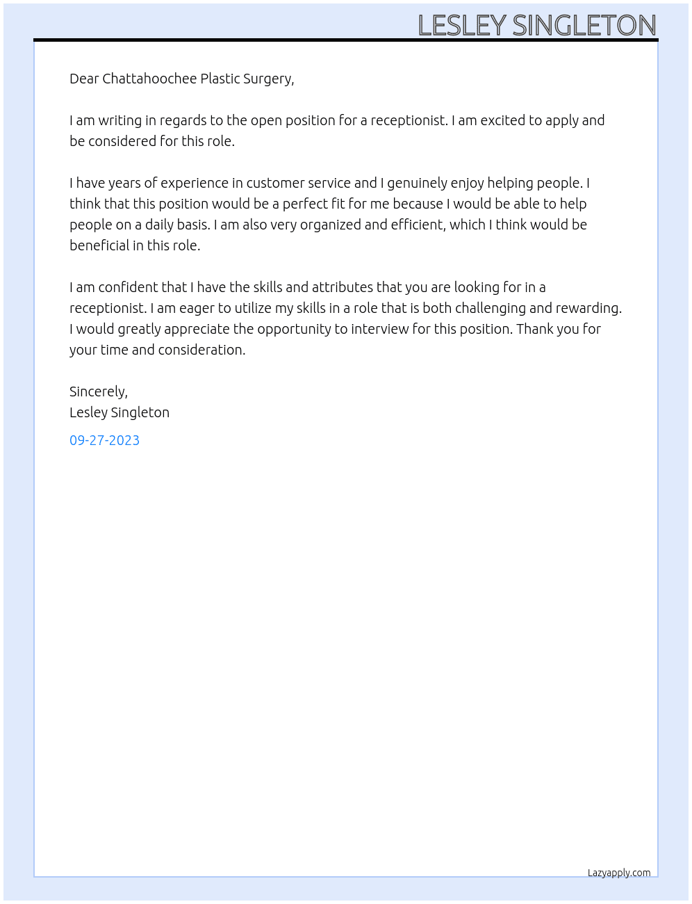 receptionist At Chattahoochee Plastic Surgery Cover Letter