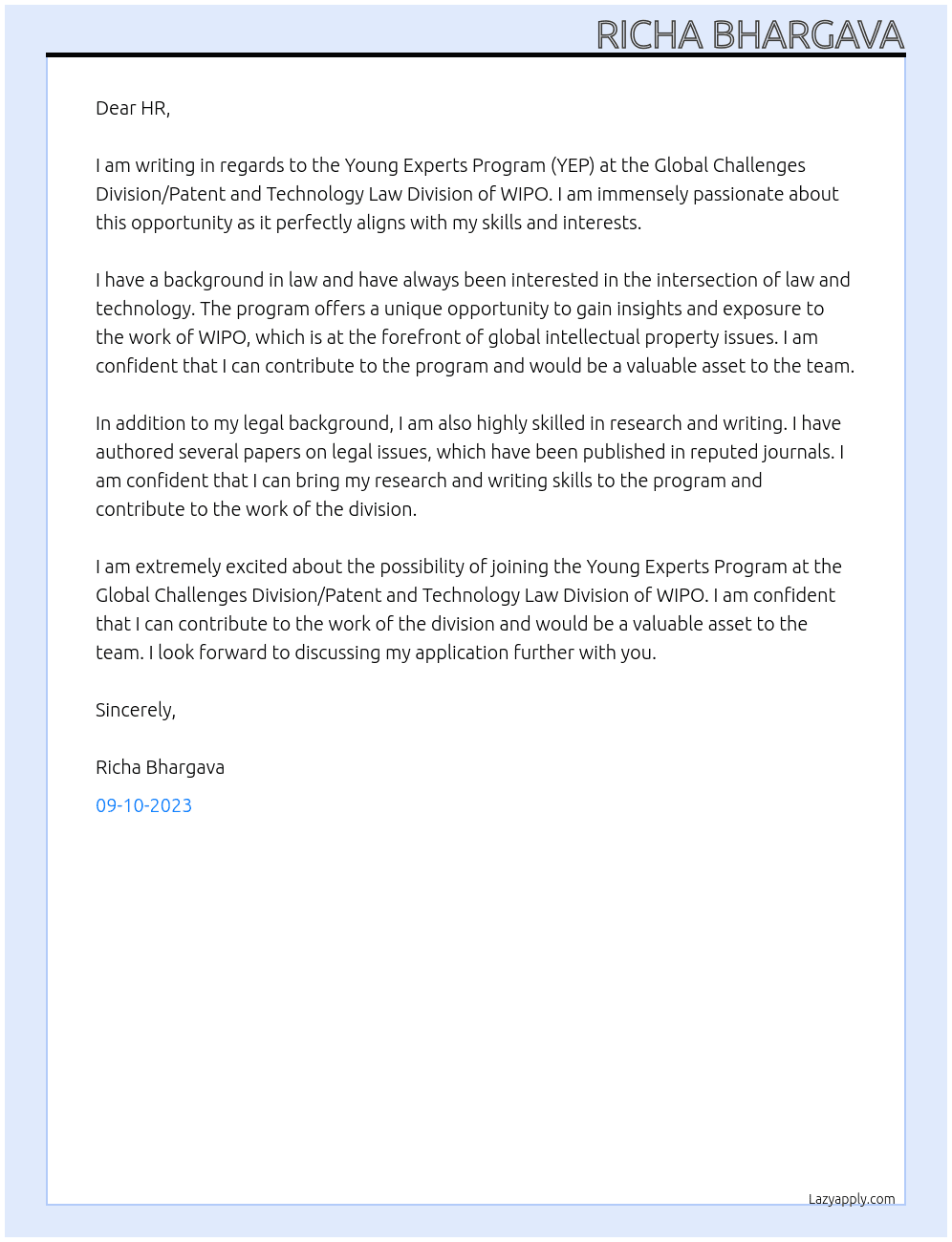 Young Experts Program (YEP)Global Challenges Division/Patent and Technology Law Division At WIPO Cover Letter