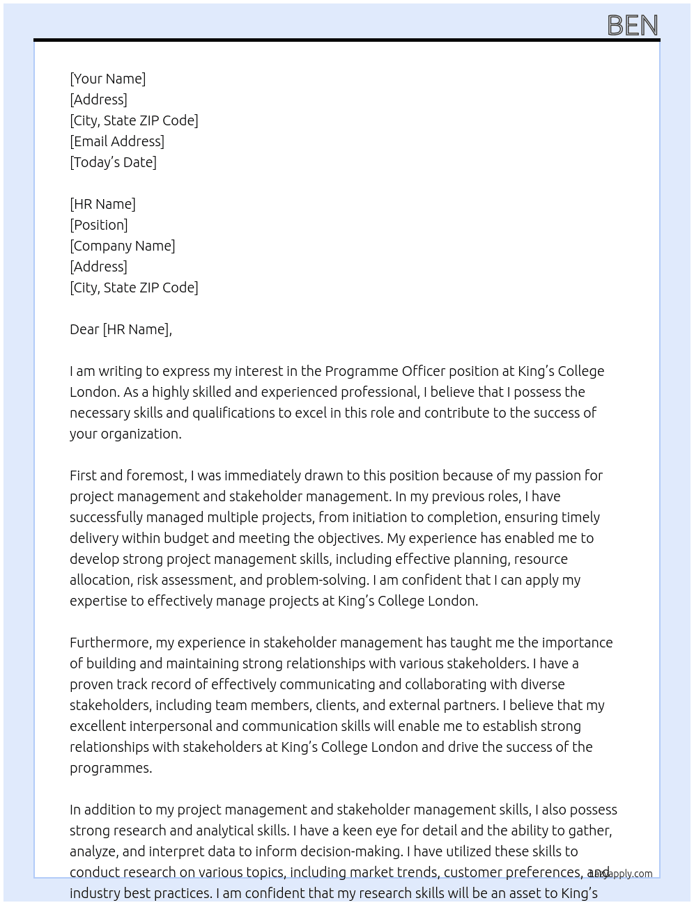Programme Officer At King's College London Cover Letter